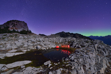 Aurora Borealis and tent on Artist Point, Mt. Baker