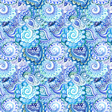 Ornate blue watercolor background with indian ornamental design 