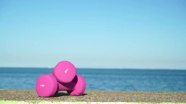 Light pink dumbbells sport symbol outdoor on sea shore 4K
