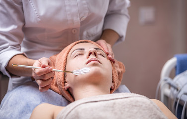 Obraz na płótnie Canvas Young woman in spa salon, beautician applying facial mask to her, closeup view