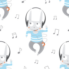 Vector seamless pattern with cartoon rabbits listening to music on white background.