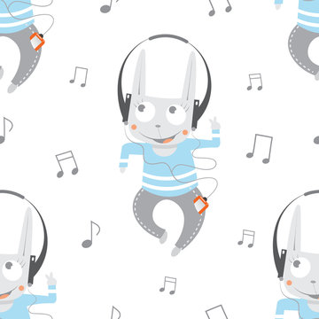 Vector seamless pattern with cartoon rabbits listening to music on white background.