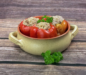  Red bell peppers stuffed with ground beef and rice