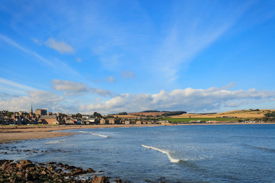 Rock and beach at Stonehaven bay on sSunny day, Aberdeenshire, Scotland