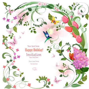 elegant invitation card with spring flowers and bird for your de