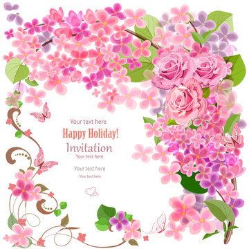 lovely invitation card with flowers and butterfly for your desig