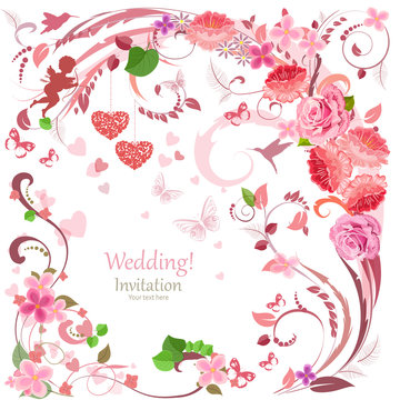 lovely invitation card with flowers and hearts for your design