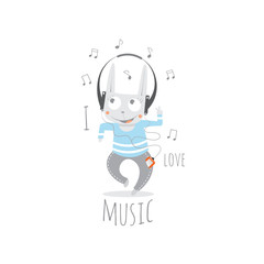 Children's postcard with cartoon little rabbit  listening to music in earphones. Vector image.