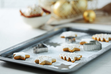 Beautiful Christmas cookies on oven-tray, close up