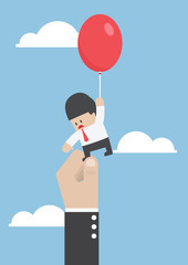 Businessman flying away with balloon but being hindered by large