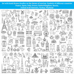 Set of doodles on the theme of countries of Europe, Asia