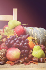 Happy Thanksgiving Table with Fall Harvest