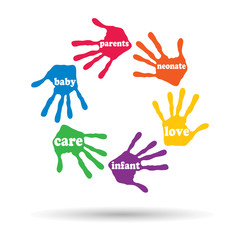 Concept or conceptual circle of colorful hand print word cloud text 
