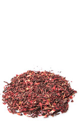 Dry red hibiscus tea leaves over white background