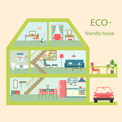 flat ECO-friendly house section with interior living room, functional attic, balcony and garage. vector illustration