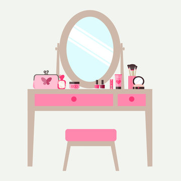 flat dressing table with cosmetics. vector illustration