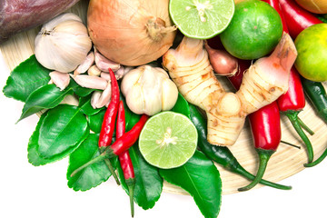herb and spice ingredients for asian food on white background