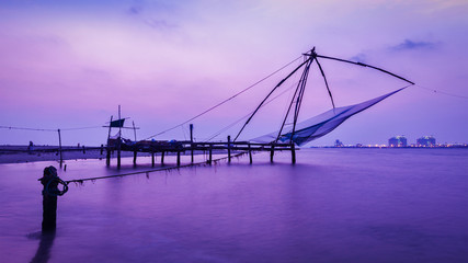 Chinese fishnets on sunset. Kochi, Kerala, India