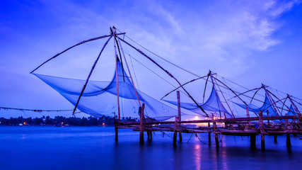 Chinese fishnets on sunset. Kochi, Kerala, India