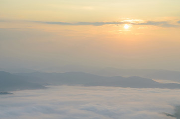Sunrise over mountain and mist in the morning at sri nan national park thailand