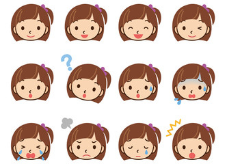 子供　女の子　顔アイコン　表情セット
