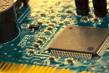 selective focus of close up computer electronic circuit board
