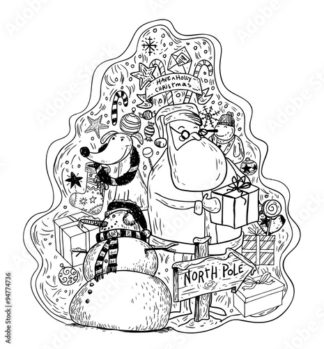 Snowglobe dra jordklot schnees aufschrift schriftliche zwarte coloritura disegnata adulta sneeuwbol "christmas tree doodle. vector illustration." Stockfotos und