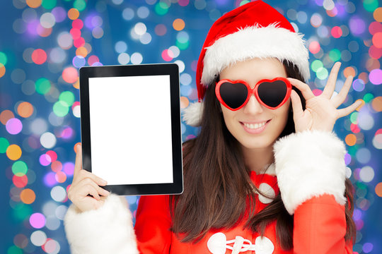 Happy Christmas Girl with Heart Sunglasses and Tablet
