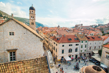 October 9th 2015: Stradun and Onofrio fountain in Dubrovnik, Croatia, surrounded by tourists 