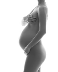 Naked pregnant woman with the beautiful belly over white background. Black and white.