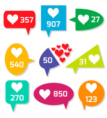 Notification Icons. Like Counter Set. Love, like - Buttons with counter on ribbons and labels Network and communication, web and internet, design. Vector illustration