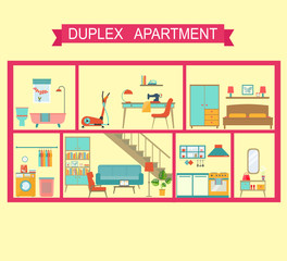 Flat duplex apartment in cut. Vector illustration