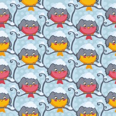 Bird tomtit and bullfinch vector seamless pattern. 