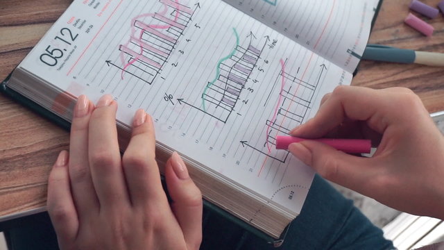 Woman drawing different business math graphs