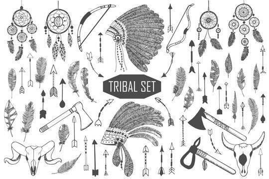 Hand drawn tribal set with bows, axes, arrows, feathers, dreamcatchers, bull skulls, war headdress elements. Vector ethnic, indian, aztec, hipster illustration.