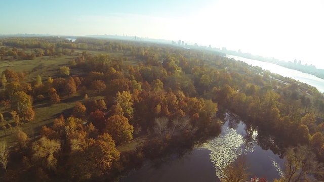 POV Flight   Over Yellow River Coastline  .Aerial  Shot Like Birds View, Autumn  Time.