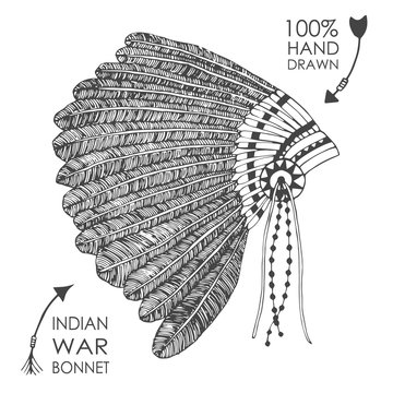 Hand-drawn native American indian chief headdress with feathers. Sketch style. Tribal vector illustration.