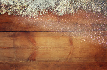 image of christmas festive decoration on wooden background. retro filtered
