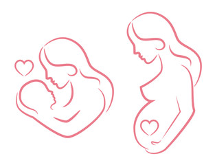 silhouette of a pregnant woman and a silhouette of a woman holding a baby painted pink lines