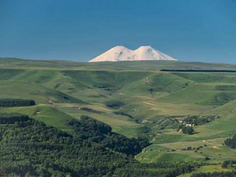 view of the volcano Elbrus from the Kislovodsk Park