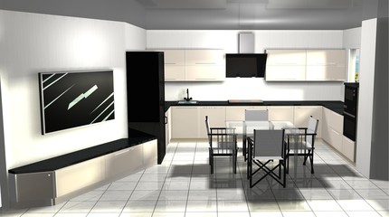 3D rendering interior design of kitchen-living room area with TV and dining area