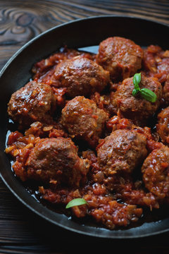 Close-up of meatballs with tomato sauce, selective focus