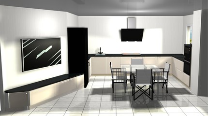 3D rendering interior design of kitchen-living room area with TV and dining area