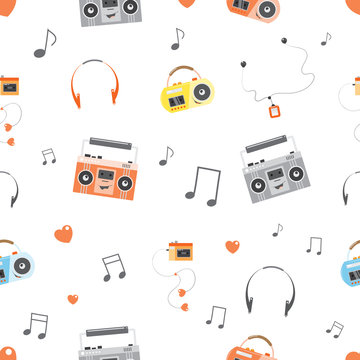 Vector seamless pattern with cartoon tape recorders, players and earphones.