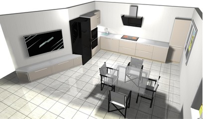 3D rendering interior design of kitchen-living room area with TV and dining area