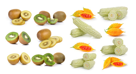 bitter melon iand kiwi isolated on white background