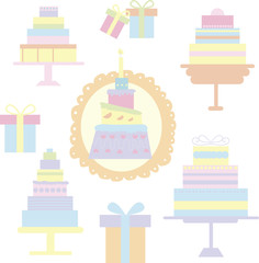 Icons consists of cakes and boxes in gentle tones - gifts for va