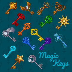 Big colorful magical set of keys with different shape of symbols on a dark green background