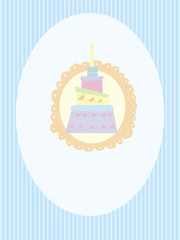 Sweet vintage postcard with tiered cake on a blue striped backgr