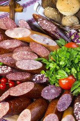 sausage on a wooden plate in a restaurant